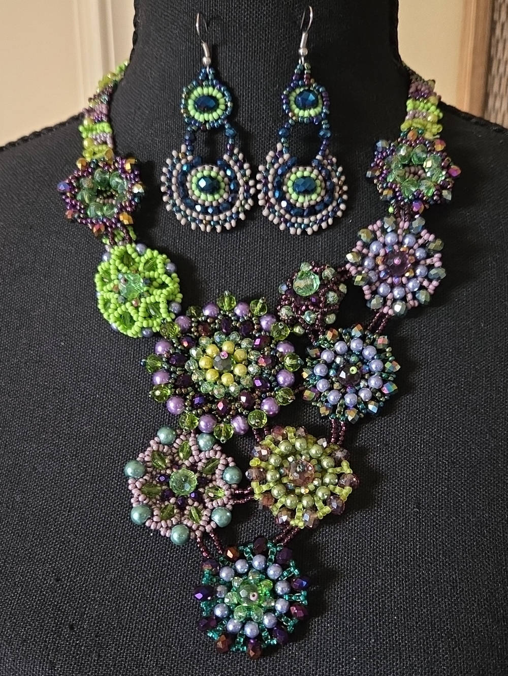 One Of A Kind Handmade Multicolor Beaded Floral Necklace and Earring Set